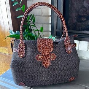 Eric Javits Large Squishee Woven Satchel Bag Croc Leather Trim Gold Hardware